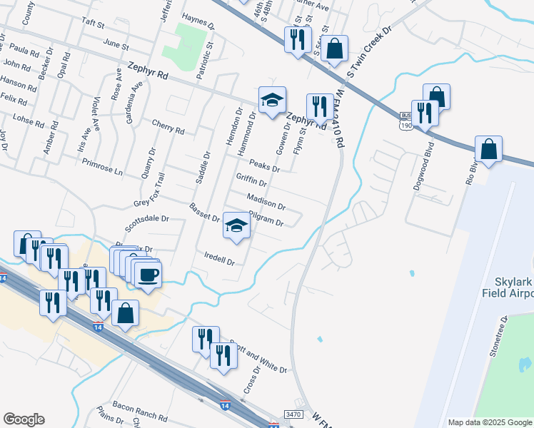 map of restaurants, bars, coffee shops, grocery stores, and more near 3808 Madison Drive in Killeen