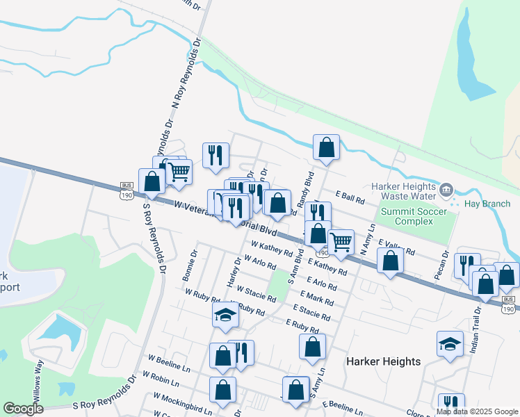 map of restaurants, bars, coffee shops, grocery stores, and more near 307 West Valley Road in Harker Heights