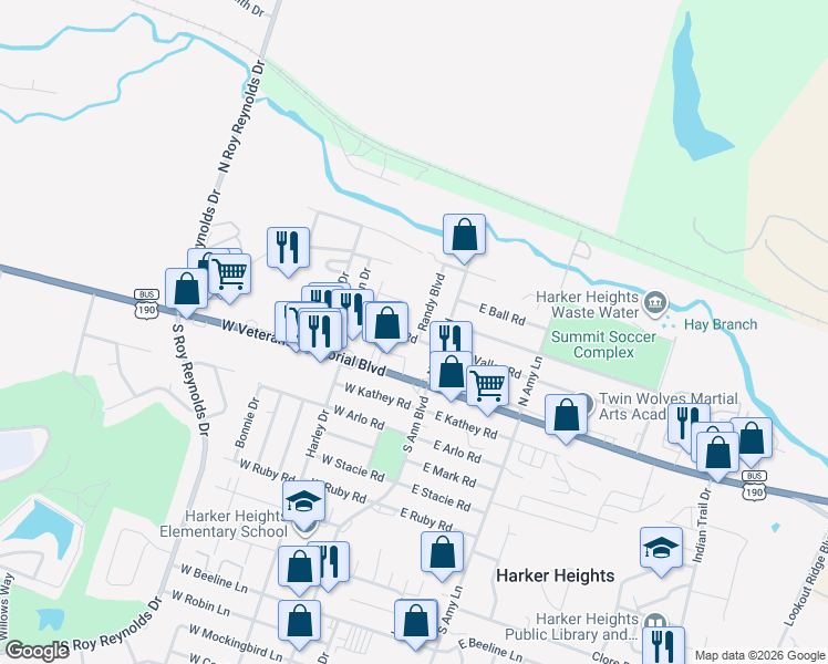 map of restaurants, bars, coffee shops, grocery stores, and more near 202 Randy Boulevard in Harker Heights