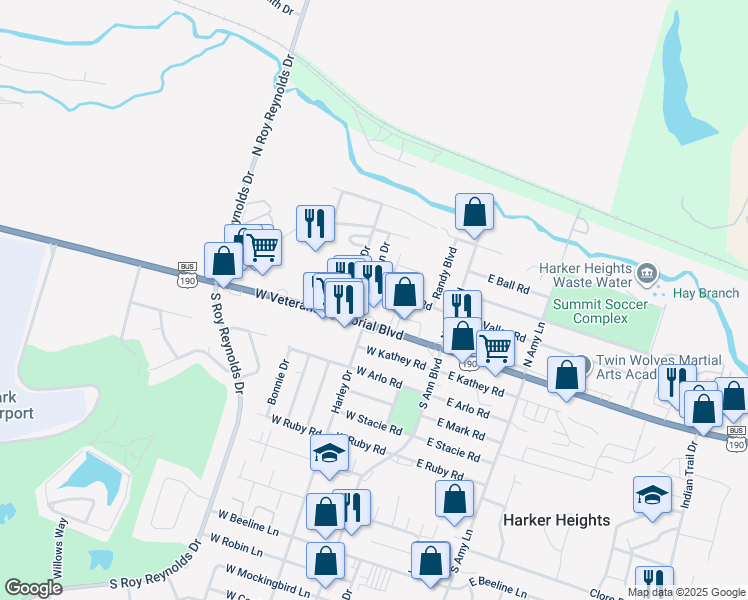 map of restaurants, bars, coffee shops, grocery stores, and more near 307 West Valley Road in Harker Heights