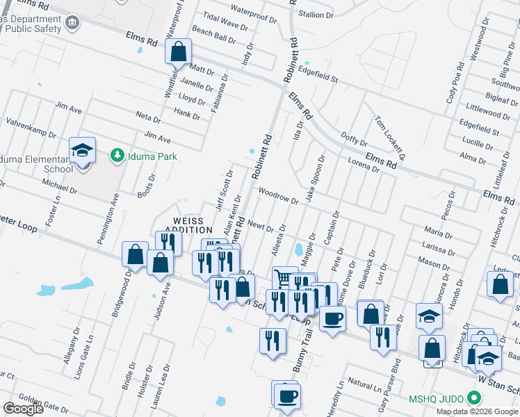 map of restaurants, bars, coffee shops, grocery stores, and more near 4202 Deek Drive in Killeen