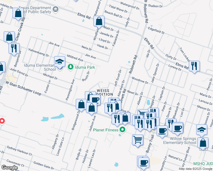 map of restaurants, bars, coffee shops, grocery stores, and more near 4302 Mattie Drive in Killeen