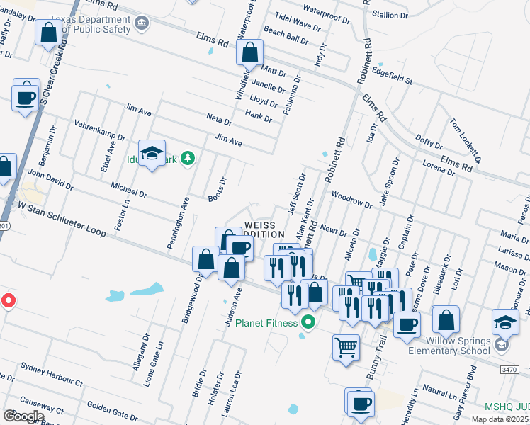 map of restaurants, bars, coffee shops, grocery stores, and more near 4302 Mattie Drive in Killeen