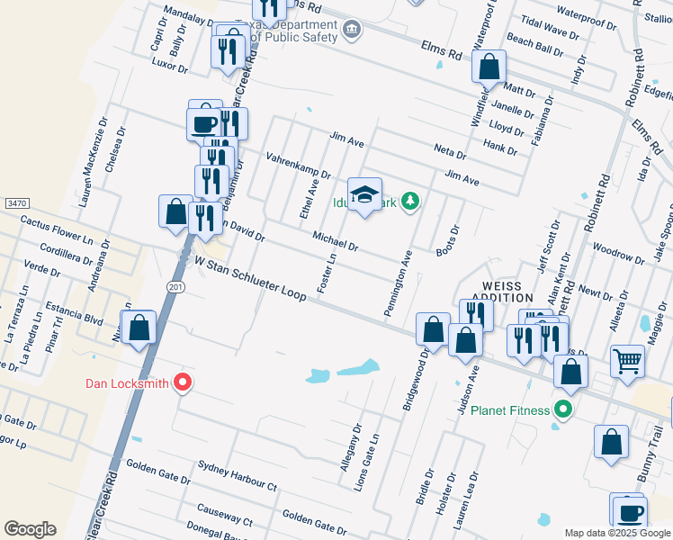 map of restaurants, bars, coffee shops, grocery stores, and more near 4705 John David Drive in Killeen