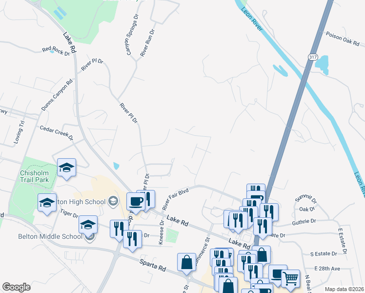 map of restaurants, bars, coffee shops, grocery stores, and more near 3300 Red River Road in Belton