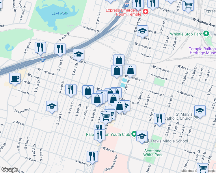 map of restaurants, bars, coffee shops, grocery stores, and more near 1004 South 33rd Street in Temple