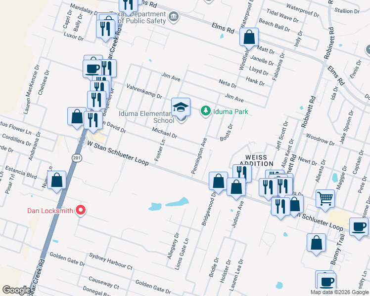 map of restaurants, bars, coffee shops, grocery stores, and more near 4600 Michael Drive in Killeen