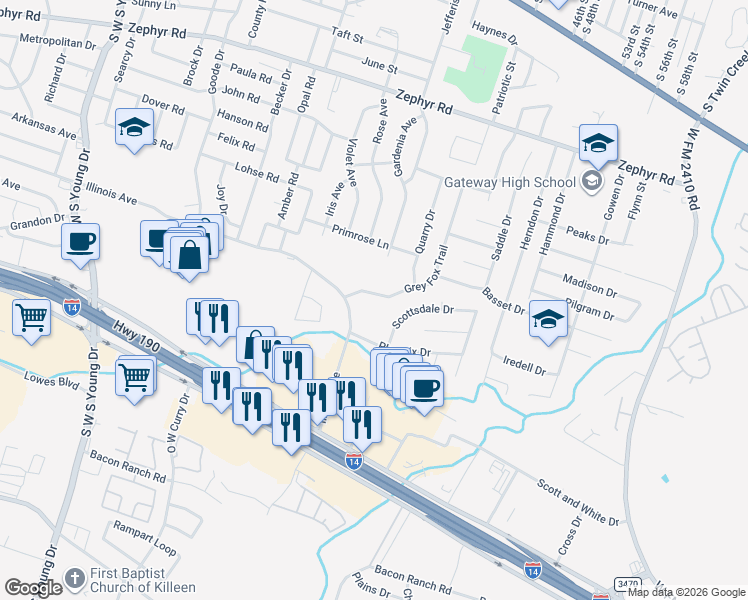 map of restaurants, bars, coffee shops, grocery stores, and more near 2009 Grey Fox Trail in Killeen