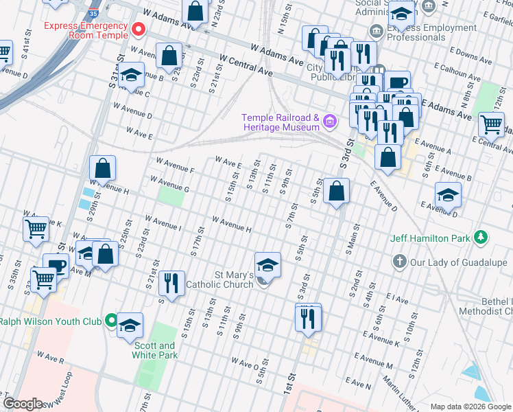 map of restaurants, bars, coffee shops, grocery stores, and more near 616 South 11th Street in Temple