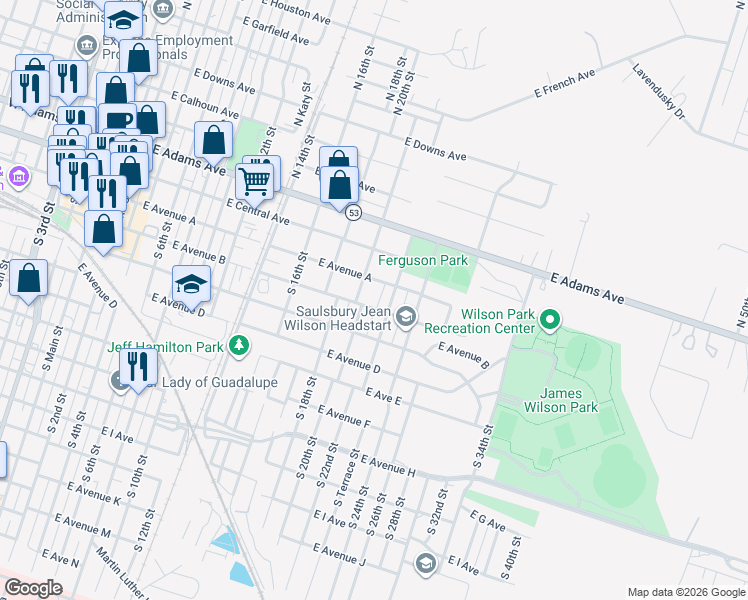 map of restaurants, bars, coffee shops, grocery stores, and more near 1200 East Avenue F in Temple