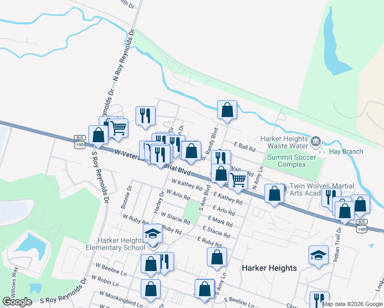 map of restaurants, bars, coffee shops, grocery stores, and more near 226 West Valley Road in Harker Heights