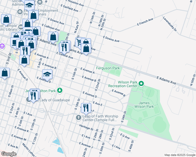 map of restaurants, bars, coffee shops, grocery stores, and more near 104 South 22nd Street in Temple