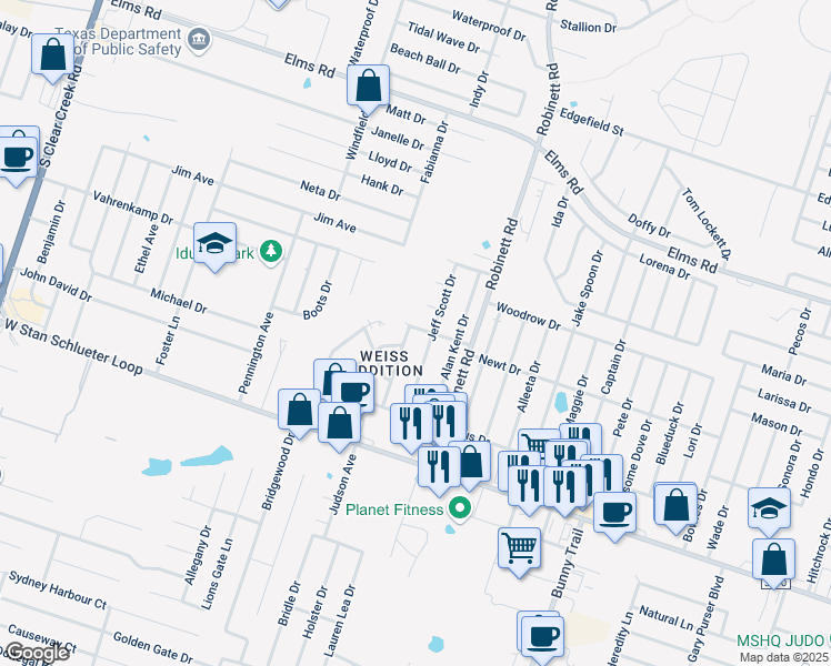 map of restaurants, bars, coffee shops, grocery stores, and more near 4001 Nadine Drive in Killeen