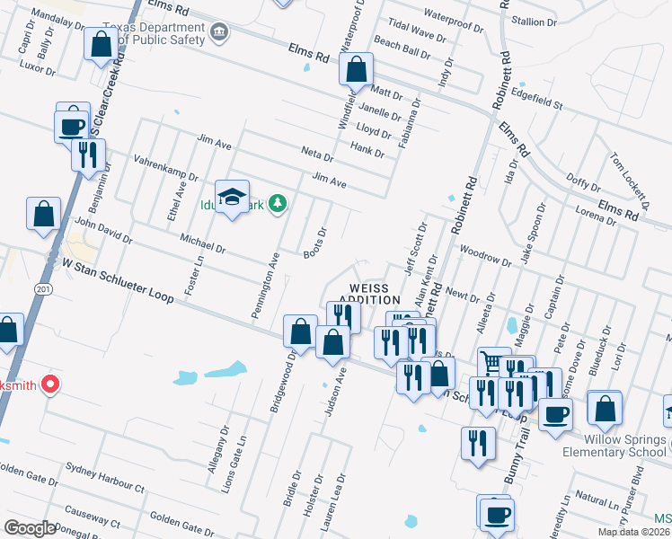 map of restaurants, bars, coffee shops, grocery stores, and more near 4401 Mattie Drive in Killeen