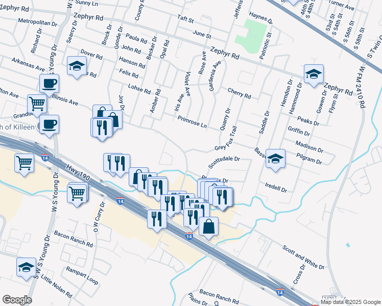 map of restaurants, bars, coffee shops, grocery stores, and more near 2009 Grey Fox Trail in Killeen