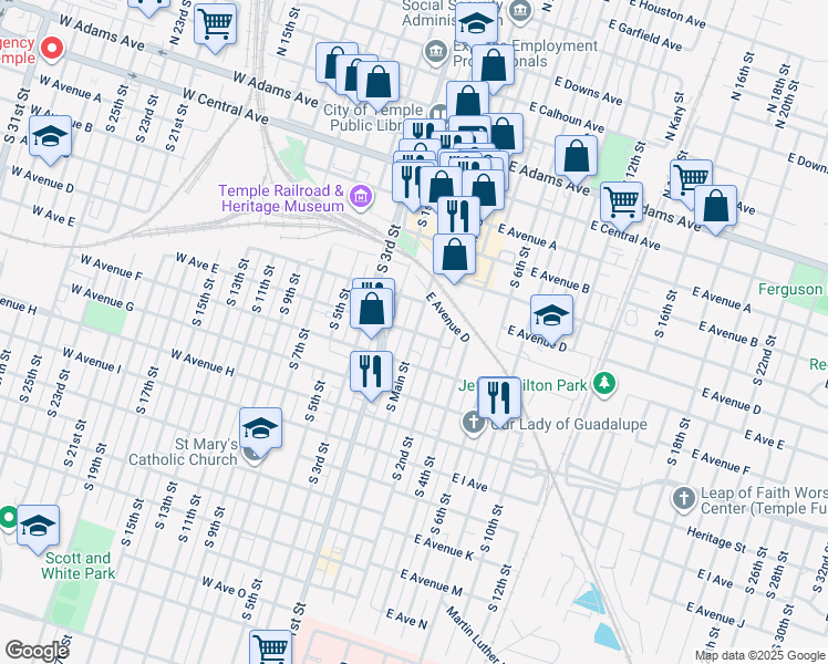 map of restaurants, bars, coffee shops, grocery stores, and more near 8 W Ave East in Temple