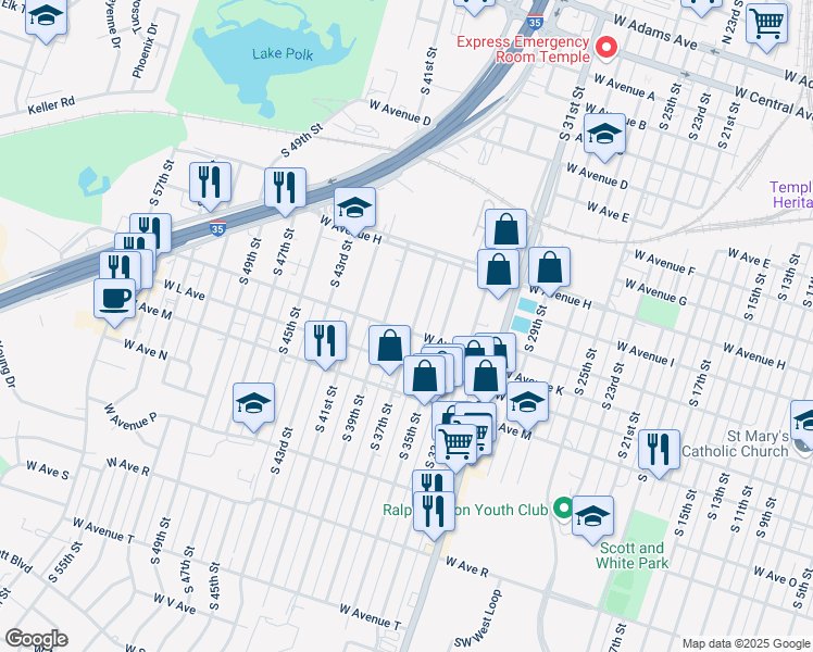 map of restaurants, bars, coffee shops, grocery stores, and more near 1018 South 37th Street in Temple