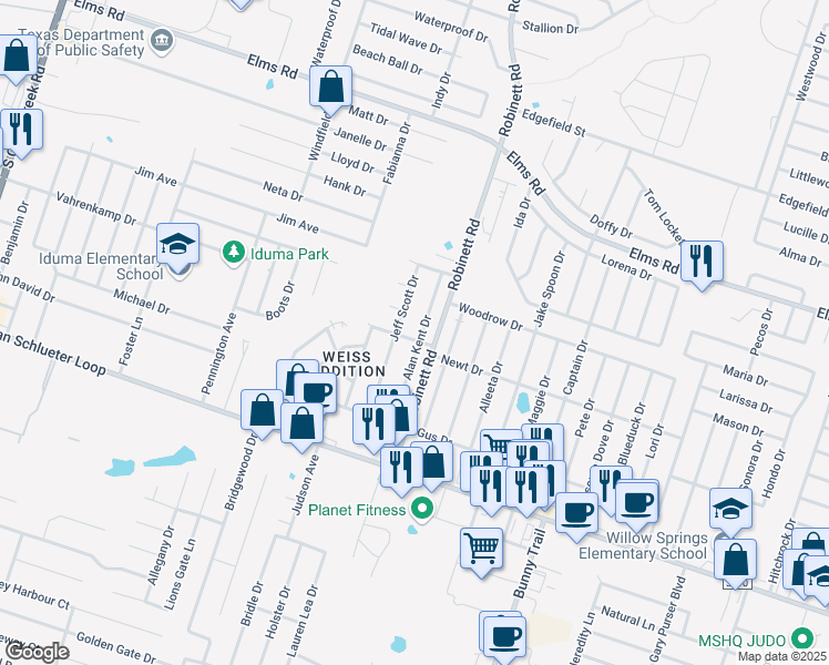 map of restaurants, bars, coffee shops, grocery stores, and more near 4209 Alan Kent Drive in Killeen