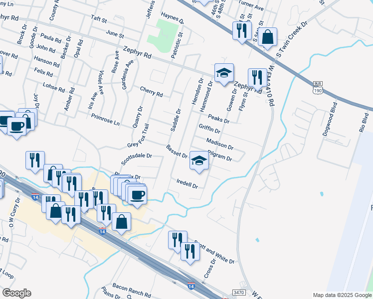 map of restaurants, bars, coffee shops, grocery stores, and more near 1807 Hammond Drive in Killeen