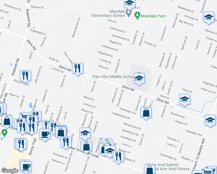 map of restaurants, bars, coffee shops, grocery stores, and more near 3805 Littleleaf Court in Killeen