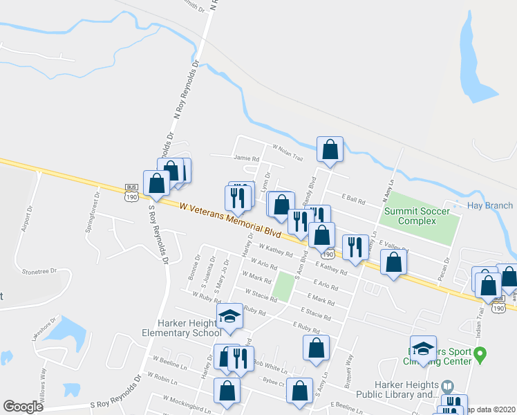 map of restaurants, bars, coffee shops, grocery stores, and more near 307 West Valley Road in Harker Heights