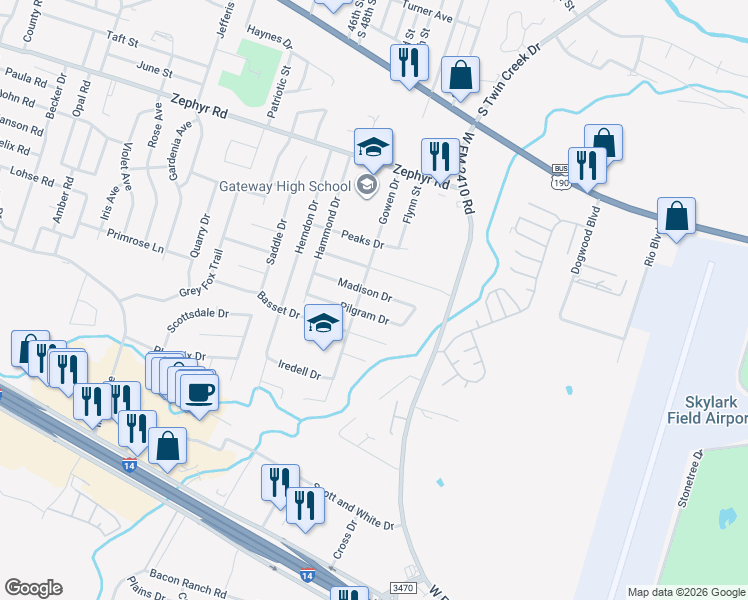 map of restaurants, bars, coffee shops, grocery stores, and more near 3911 Madison Drive in Killeen