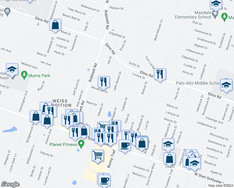 map of restaurants, bars, coffee shops, grocery stores, and more near 3503 Woodrow Drive in Killeen