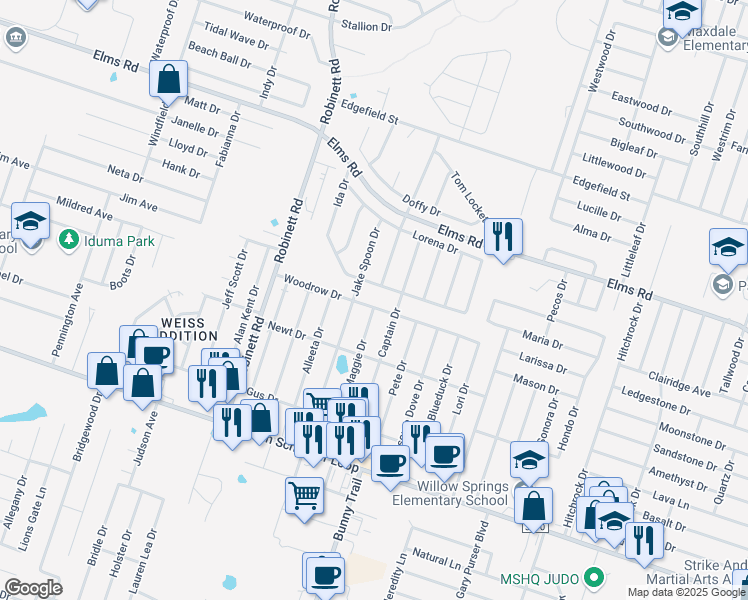 map of restaurants, bars, coffee shops, grocery stores, and more near 3501 Woodrow Drive in Killeen