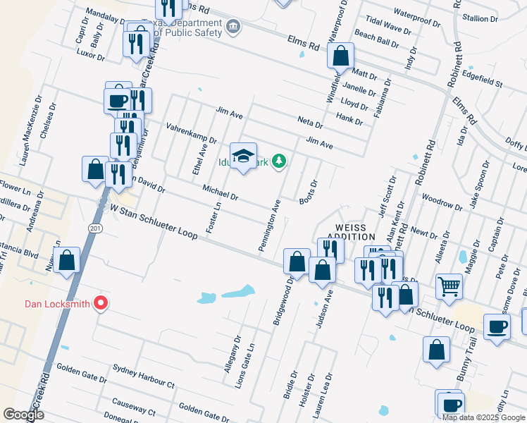 map of restaurants, bars, coffee shops, grocery stores, and more near 4504 Michael Drive in Killeen