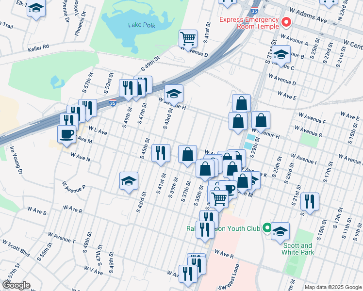 map of restaurants, bars, coffee shops, grocery stores, and more near 2004 West Avenue K in Temple