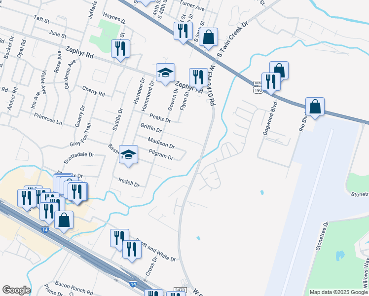 map of restaurants, bars, coffee shops, grocery stores, and more near 1711 Martin Luther King Junior Boulevard in Killeen