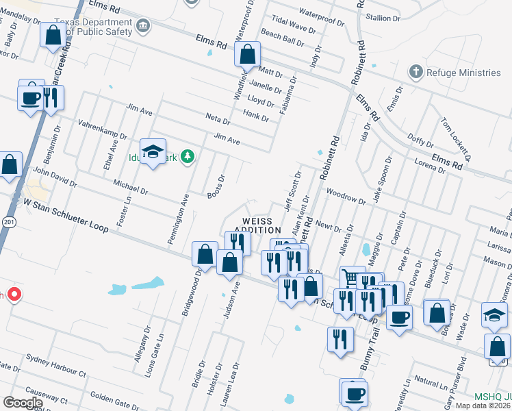 map of restaurants, bars, coffee shops, grocery stores, and more near 4302 Mattie Drive in Killeen