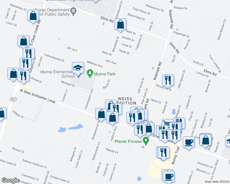 map of restaurants, bars, coffee shops, grocery stores, and more near 4401 Mattie Drive in Killeen