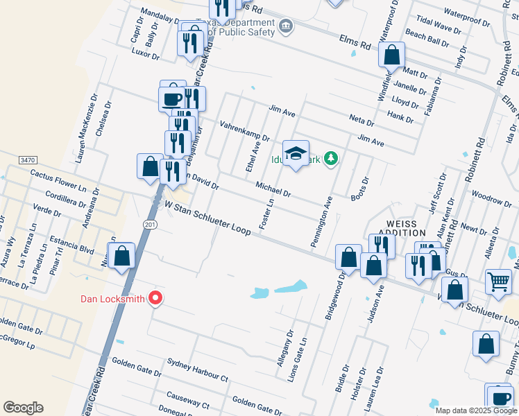 map of restaurants, bars, coffee shops, grocery stores, and more near 4804 John David Drive in Killeen