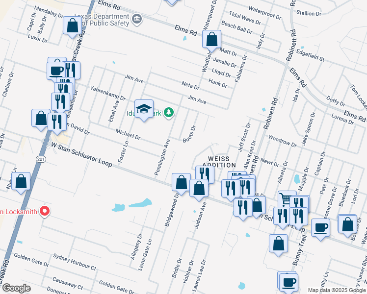 map of restaurants, bars, coffee shops, grocery stores, and more near 4402 Boots Drive in Killeen