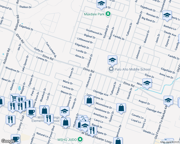 map of restaurants, bars, coffee shops, grocery stores, and more near 3801 Hitchrock Drive in Killeen