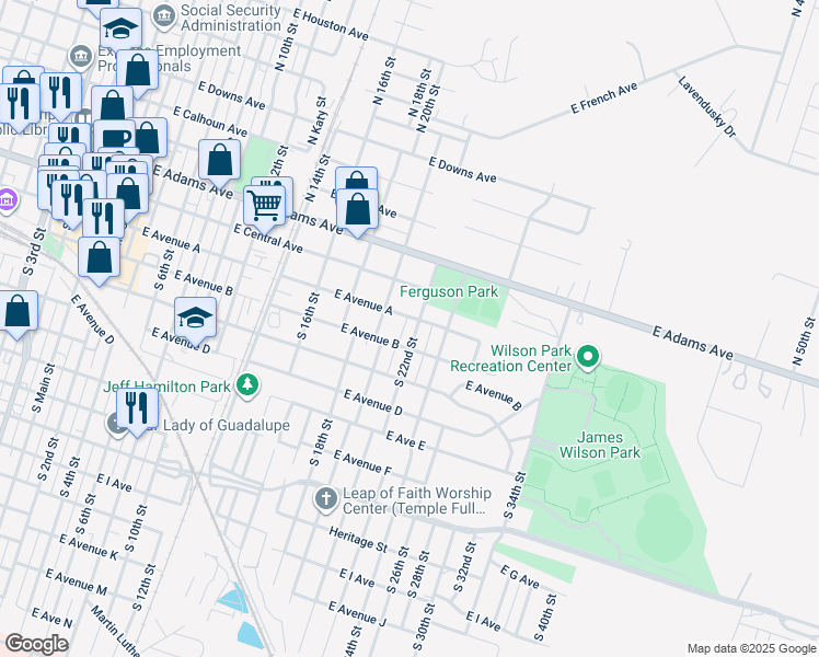 map of restaurants, bars, coffee shops, grocery stores, and more near 104 South 22nd Street in Temple