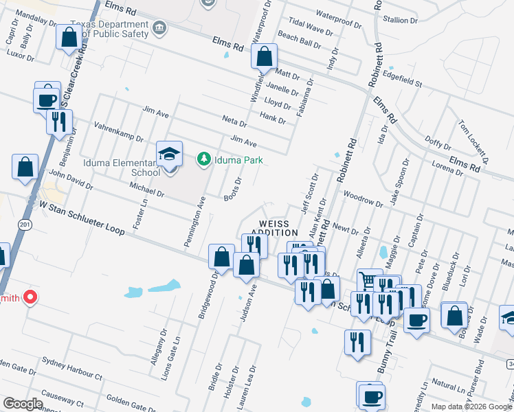 map of restaurants, bars, coffee shops, grocery stores, and more near 4401 Mattie Drive in Killeen