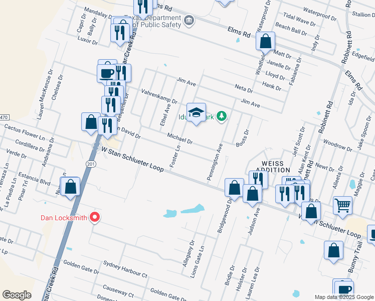 map of restaurants, bars, coffee shops, grocery stores, and more near 4705 John David Drive in Killeen
