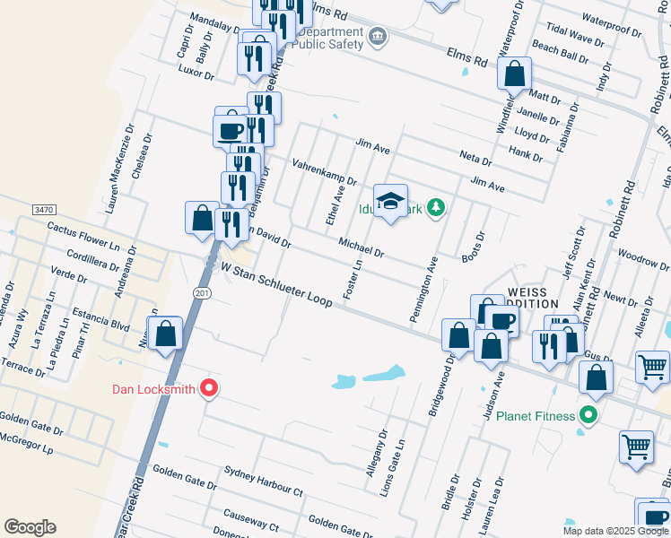 map of restaurants, bars, coffee shops, grocery stores, and more near 4804 John David Drive in Killeen