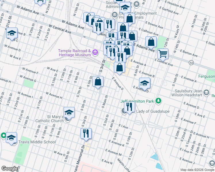 map of restaurants, bars, coffee shops, grocery stores, and more near 36 West Avenue East in Temple