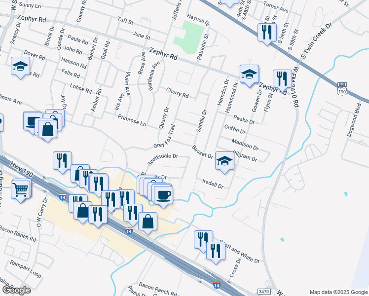 map of restaurants, bars, coffee shops, grocery stores, and more near 3504 Basset Drive in Killeen