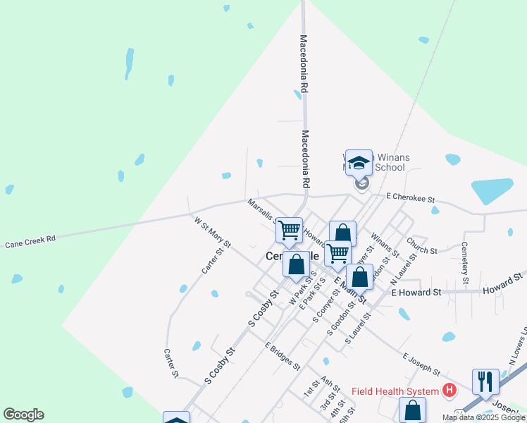 map of restaurants, bars, coffee shops, grocery stores, and more near 518 Marsalis Street in Centreville