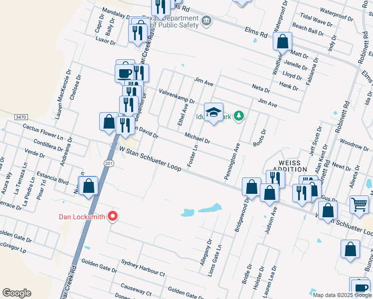 map of restaurants, bars, coffee shops, grocery stores, and more near 4804 John David Drive in Killeen