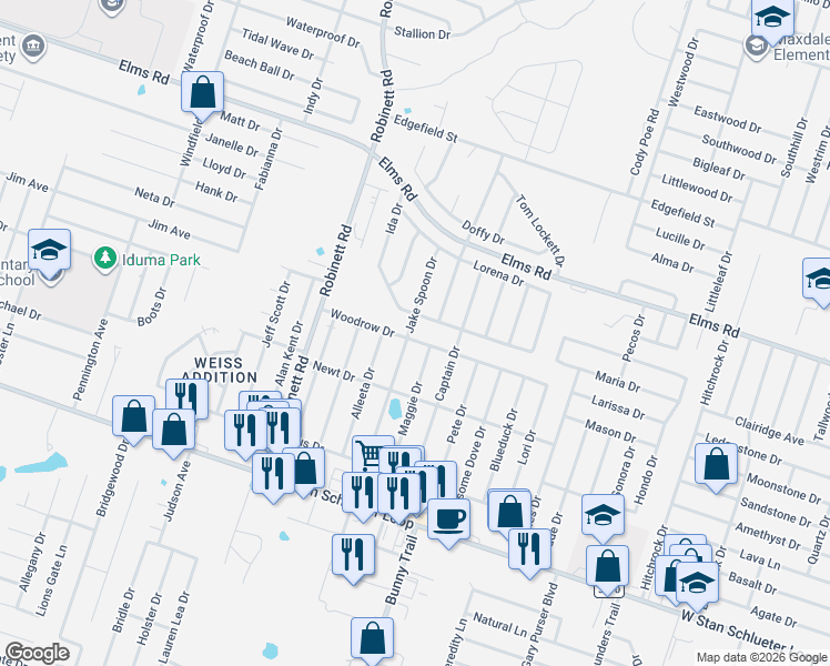 map of restaurants, bars, coffee shops, grocery stores, and more near 3507 Woodrow Drive in Killeen