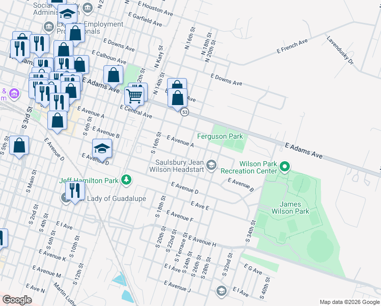 map of restaurants, bars, coffee shops, grocery stores, and more near 1200 East Avenue F in Temple