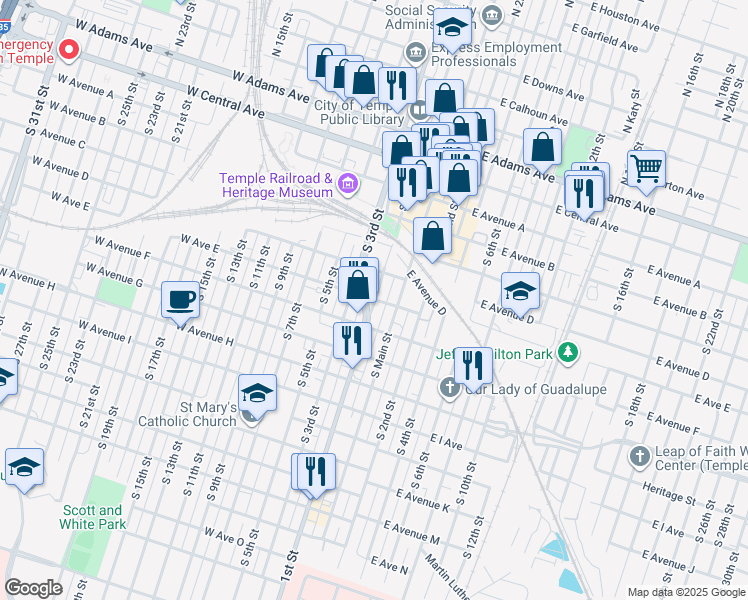 map of restaurants, bars, coffee shops, grocery stores, and more near 501 South 1st Street in Temple
