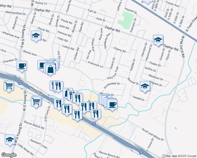 map of restaurants, bars, coffee shops, grocery stores, and more near 2009 Grey Fox Trail in Killeen