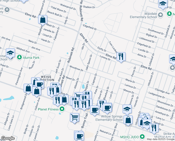 map of restaurants, bars, coffee shops, grocery stores, and more near 3507 Woodrow Drive in Killeen