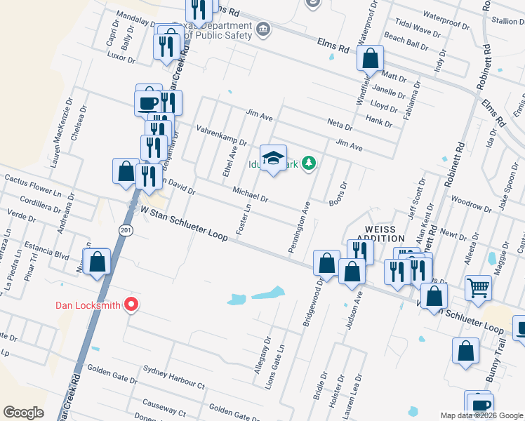 map of restaurants, bars, coffee shops, grocery stores, and more near 4703 John David Drive in Killeen
